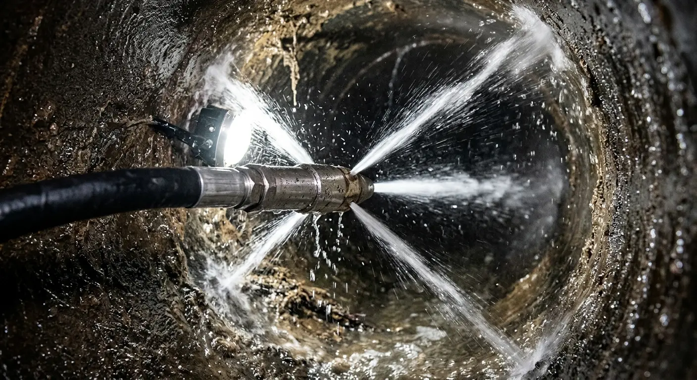 High-pressure hydro jetting nozzle cleaning sewer pipe for Sewer Cleanout in Patterson