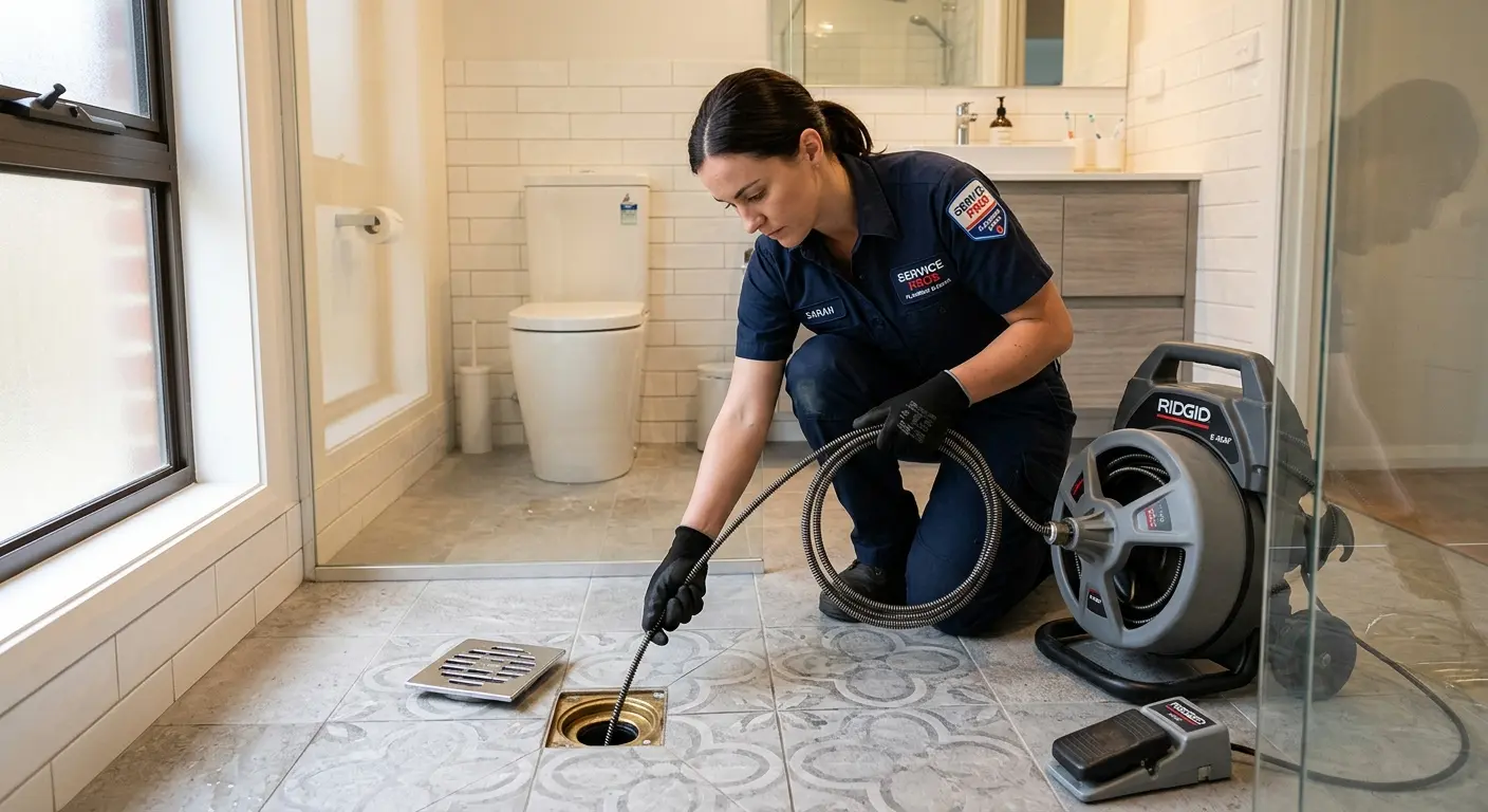 Technician clearing a bathroom floor drain for Sewer Line Replacement in Patterson